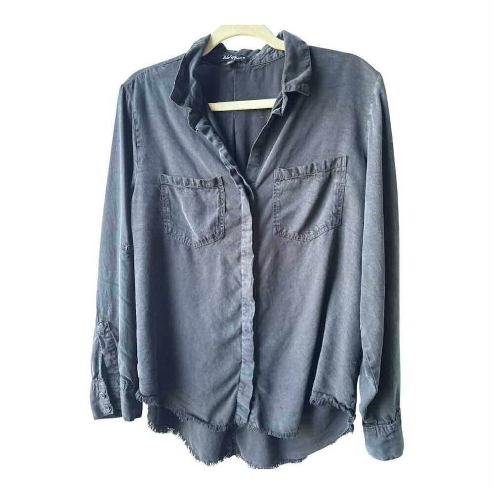 XL Velvet Heart Black Long Sleeve Button Up Shirt Raw Edge Button Up High Low
